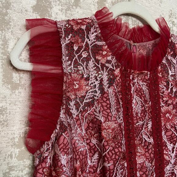 ML Monique Lhuillier Floral Lace Mini Dress with Sheer Ruffle Maroon/Oyster Pink - Picture 5 of 5